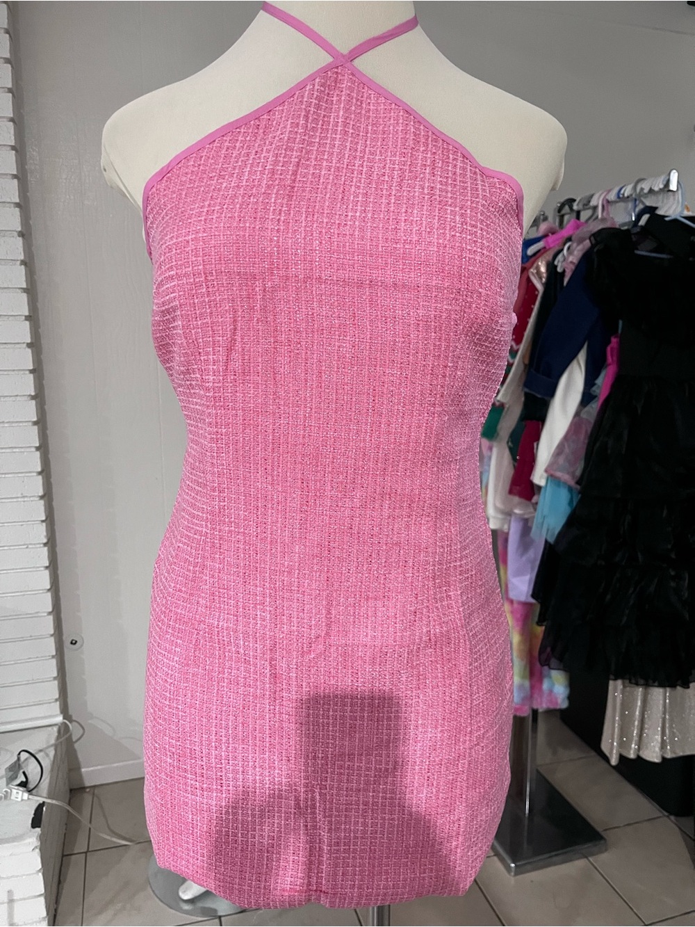 Pink Halter Textured Bodycon Mini Dress